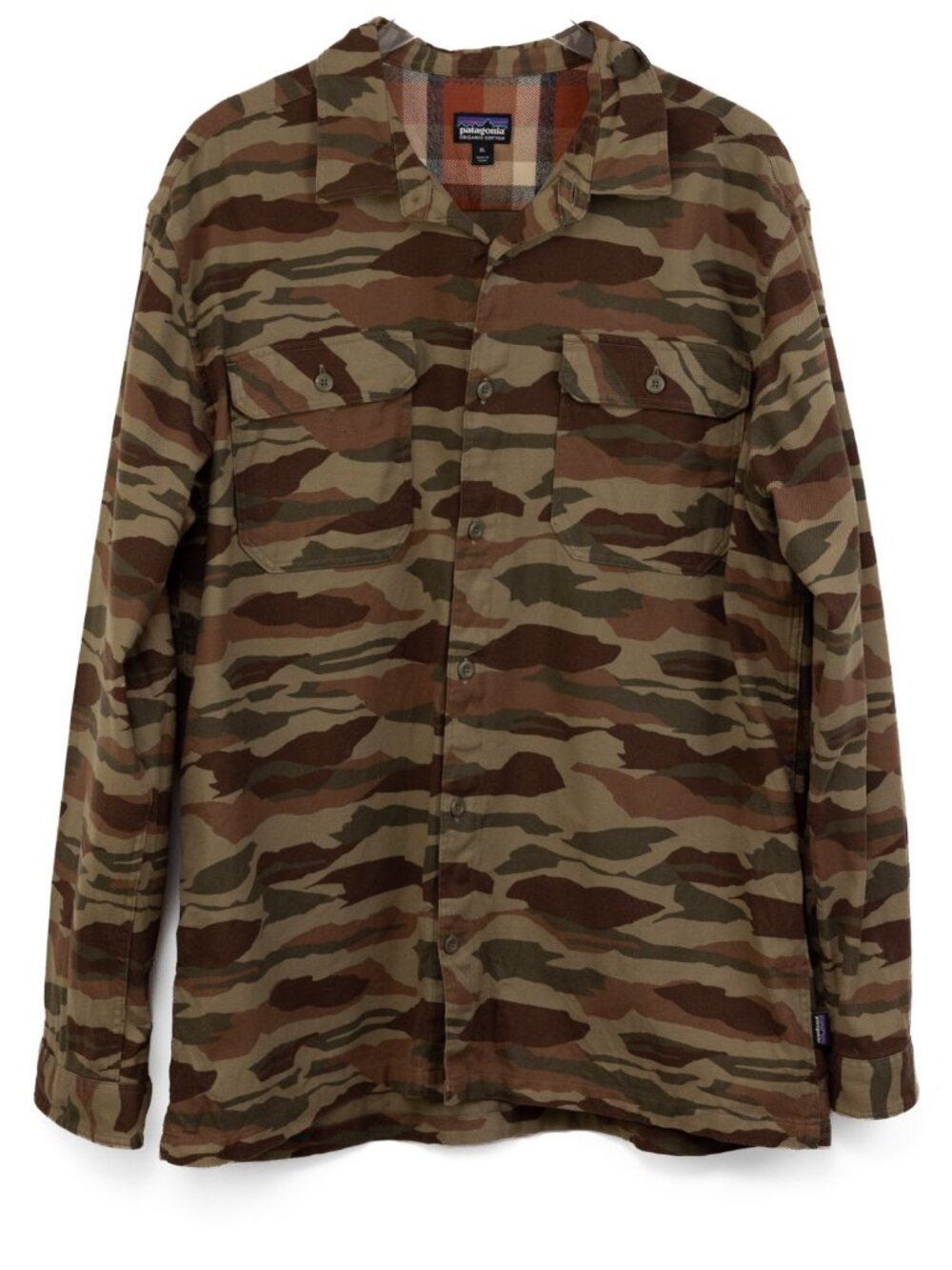 Patagonia Long-Sleeved Fjord Flannel Shirt Green Brown Camo Size XL